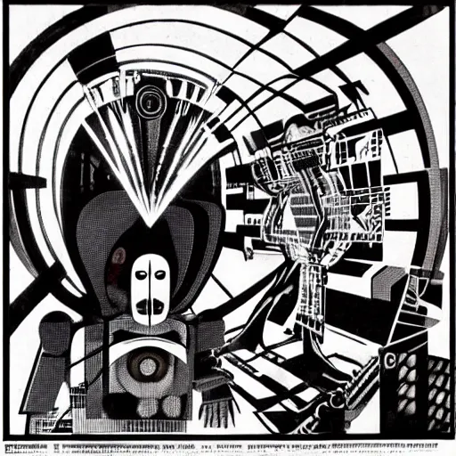 Prompt: giant humanoid robots with lazer eyes. graphical work by anatoly fomenko and bilibin and giger and lissitzky