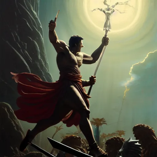 Image similar to highly detailed painting of julius caesar fighting a looming demigod, dramatic, sense of scale, stephen bliss, unreal engine, greg rutkowski, ilya kuvshinov, ross draws, hyung tae and frank frazetta, tom bagshaw, tom whalen, nicoletta ceccoli, mark ryden, earl norem, global illumination, god rays, windswept