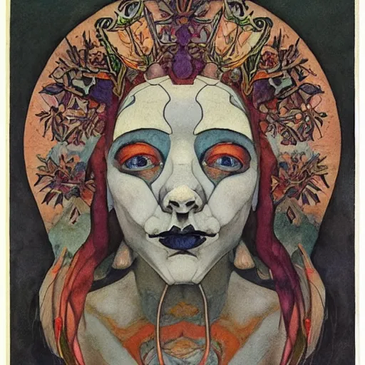 Prompt: the bone crown, by Annie Swynnerton and Nicholas Roerich and (((Diego Rivera))) and (((Edmund Dulac))), bioluminescent skin, floral tattoos, goth costume, geometric ornament, symbolist, rich colors, dramatic lighting, smooth, sharp focus, extremely detailed