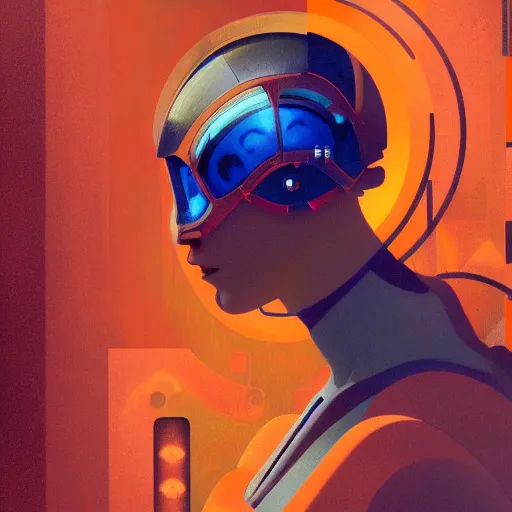 Prompt: portrait of beautiful android, circuitry visible in head, in the style of ex machina, orange and teal color palette, alphonse mucha, greg rutkowski, award winning, ultrarealistic, 8 k, artstation