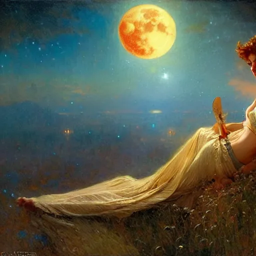 Image similar to attractive fairy magically floating high in the night, fantasy, full moon in background. highly detailed painting by gaston bussiere, craig mullins, j. c. leyendecker, mid shot, 8 k