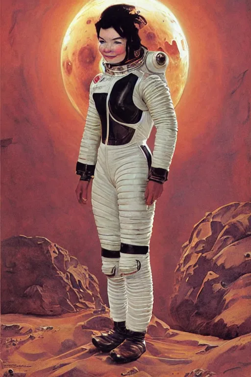 Image similar to upper body portrait of bjork wearing a huge leather spacesuit on Mars by norman rockwell and mandy jurgens and john singer sargent