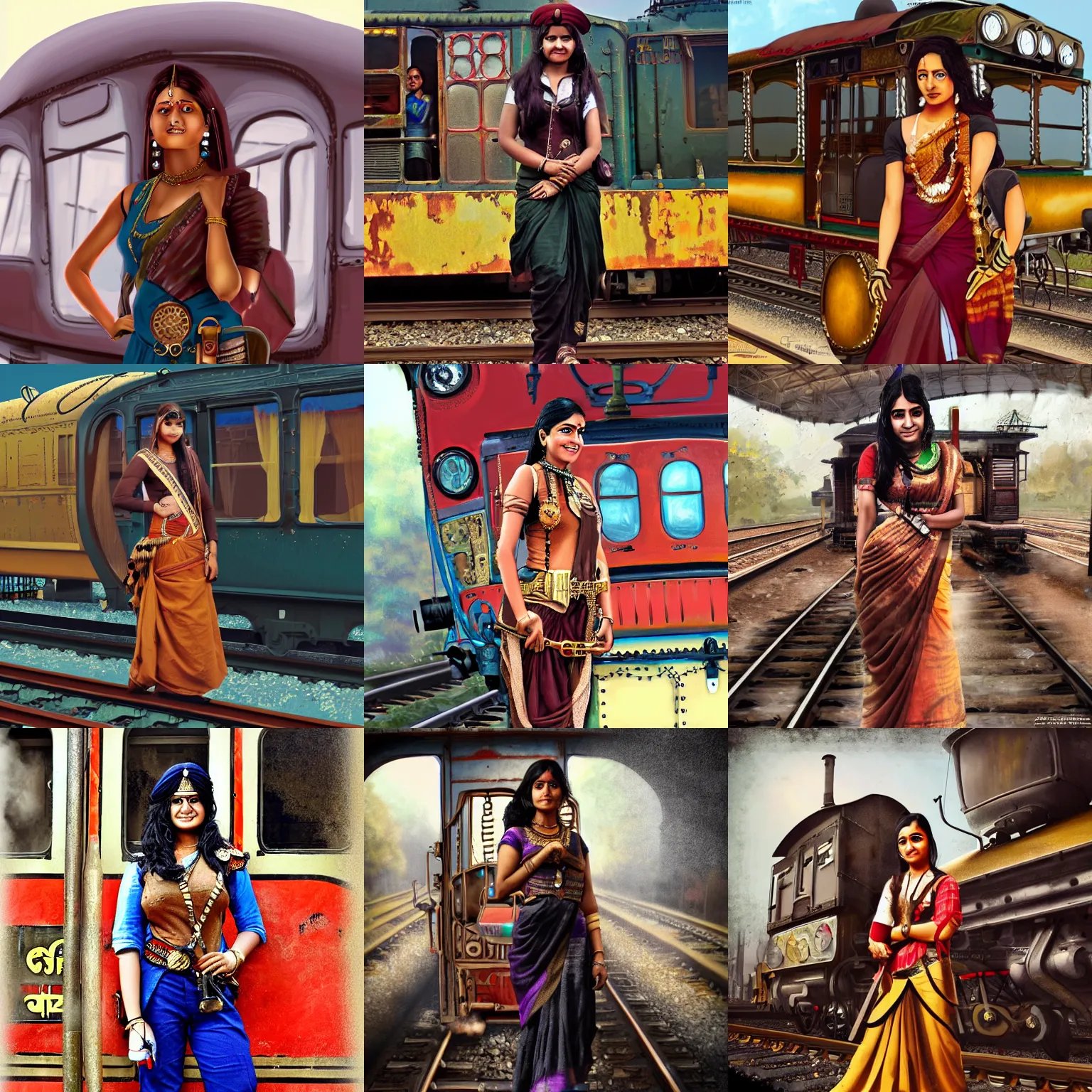 Prompt: A young Indian woman train driver, wearing a steampunk sari, posing in front of her steam train, at a train station, digital steampunk painting, trending on ArtStation