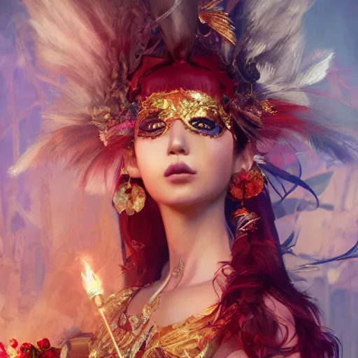 Image similar to the portrait, masked beautiful female violinist, exotic costumes, gold jewelry, red hair ， illustration by wenjun lin, irakli nadar, bright colors, octopath traveler, wenjun lin, unreal engine 5 highly rendered, global illumination, radiant light, detailed and intricate environment