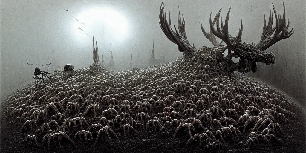 Prompt: horde of ants crawling through the cavities of a large moose skull, Zdzislaw Beksinski, Wayne Barlowe, gothic, cosmic horror, worm's-eye view, dystopian, biomorphic, lovecraftian, amazing details, warm hue's