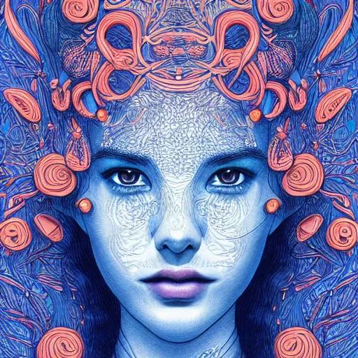 Image similar to the head of an incredibly beautiful and elegant young woman partially made of carrots and blueberries, an ultrafine detailed illustration by james jean, final fantasy, intricate linework, bright colors, behance contest winner, vanitas, angular, altermodern, unreal engine 5 highly rendered, global illumination, radiant light, detailed and intricate environment