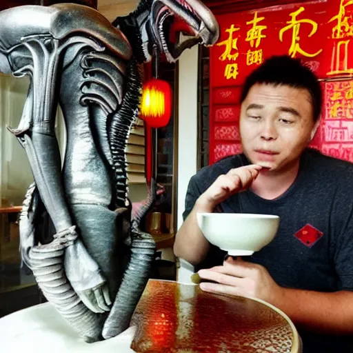 Image similar to xenomorph alien drinking chinese tea in a chinese tea house