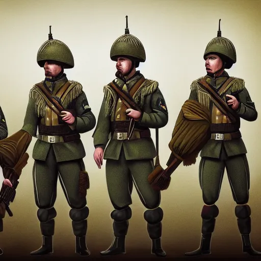 Image similar to ukrainian soldiers in traditional uniform, happy, concept art, trending on artstation, highly detailed, intricate, sharp focus, digital art, 8 k