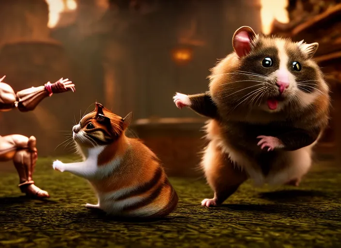 Image similar to hamster fights a cat in mortal kombat on the background of a laughing shao khan. fantasy magic style. highly detailed 8 k. intricate. lifelike. soft light. sony a 7 r iv 5 5 mm. unreal engine with nanite and path tracing