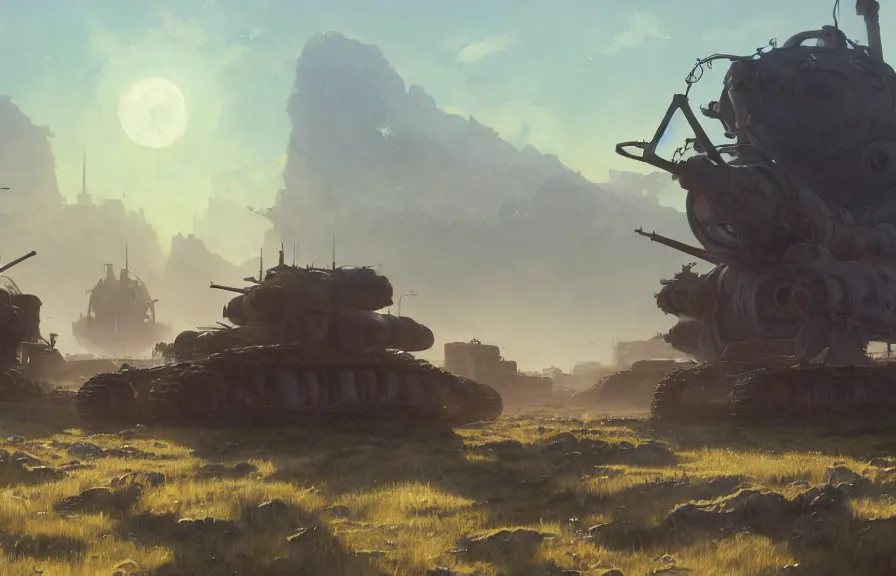 Prompt: concept art of a dusty field with ruined dieselpunk orcish tanks in the background, key visual, ambient lighting, highly detailed, digital painting, artstation, concept art, sharp focus, by makoto shinkai and akihiko yoshida and hidari and wlop