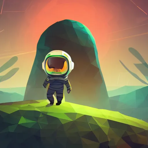 Image similar to Concept art for game, A cute explorer astronaut on a lush alien planet, large planets in the background, low poly, stylized, indie game, artistic lighting