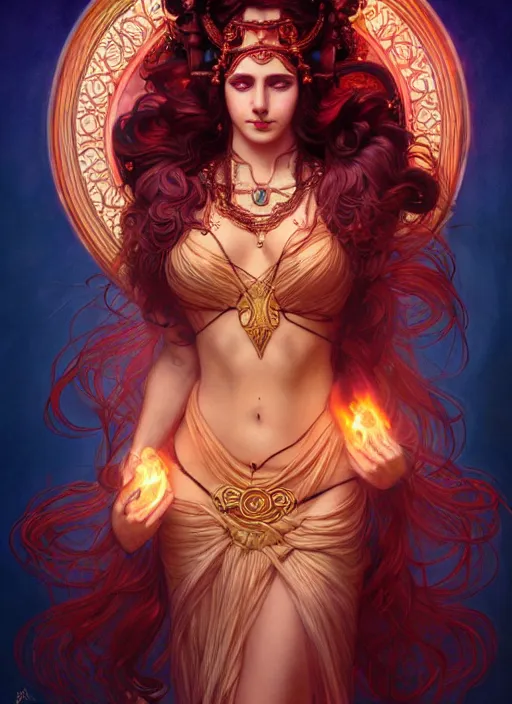 Image similar to the goddess hestia, hair of fire, full body, steampunk, glowing eyes, volumetric lights, red and cyan theme, art nouveau botanicals, intricate, highly detailed, digital painting, artstation, concept art, smooth, sharp focus, cinematic, illustration, beautiful face, art by artgerm and greg rutkowski and alphonse mucha