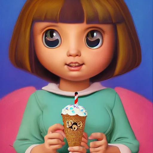 Image similar to portrait of dora the explorer as real girl holding ice cream, detailed, intricate complex background, Pop Surrealism lowbrow art style, mute colors, soft lighting, by Mark Ryden and mucha, artstation cgsociety