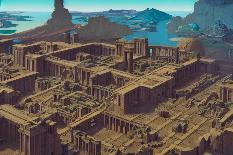 Image similar to an ancient roman city, by paolo eleuteri serpieri and tomer hanuka and chesley bonestell and daniel merriam and tomokazu matsuyama, clearly defined outlines, unreal engine, high resolution render, featured on artstation, octane, 8 k, highly intricate details, vivid colors