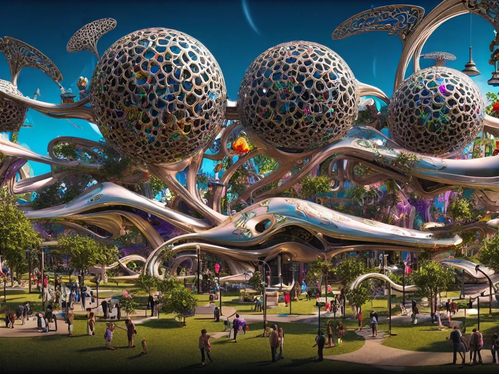 Image similar to a busy elaborate ornate outdoor science museum, cinematic, shadows, 4 k, detailed, by zaha hadid and lisa frank and peter jackson and ridley scott and beeple and greg rutowski