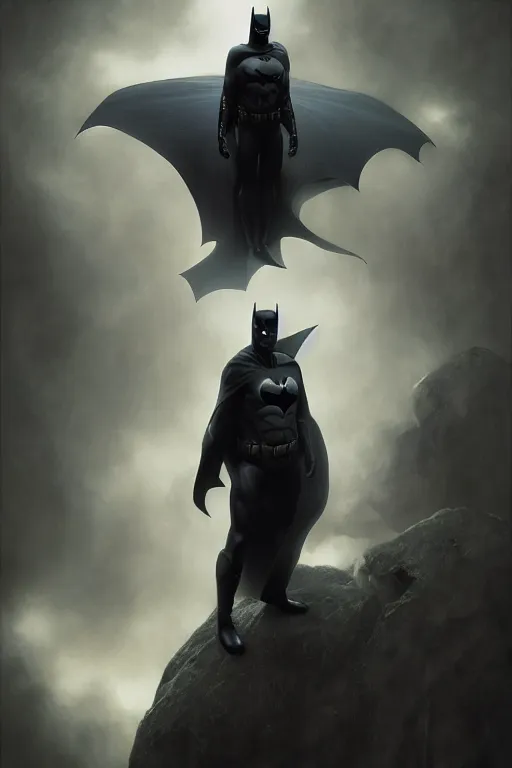 Prompt: Surreal portrait of a Batman, fairy dust, photo realistic, highly detailed, mist, trending on artstation, ultra realistic, octane render by Gerald Brom and Zdzisław Beksiński