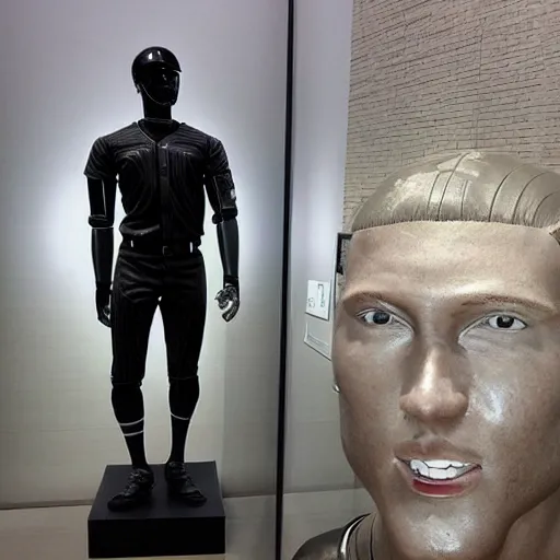 Image similar to “a realistic detailed photo of a guy who is an attractive humanoid who is half robot and half humanoid, who is a male android, baseball player Mike Trout, shiny skin, posing like a statue, blank stare, mouth agape, at a museum, on display”