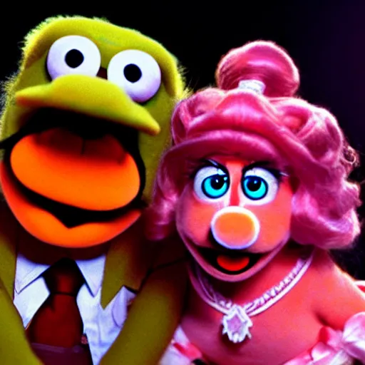 Image similar to A still of Mario and Princess Peach as muppets, photo real, photographic, photograph, artstation, trending, award winning, epic lighting, featured