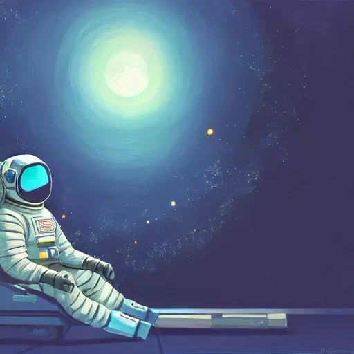 Image similar to long shot of astronaut sitting in space, calm, soothing, relaxed, cosy, quiet, elegant, digital painting, realism, cyberpunk art, acrylic on canvas, flooko,