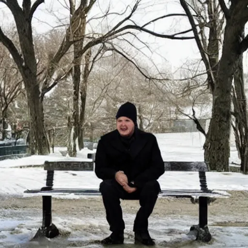 Image similar to Kevin Malone wearing a black beanie hat and black wool overcoat sitting on a park bench during the winter