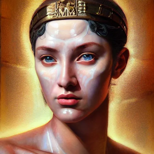 Image similar to hyperrealistic mixed media painting of beautiful goddess Athena, stunning 3d render inspired art by P. Craig Russell and Barry Windsor-Smith, perfect facial symmetry, dim volumetric lighting, 8k octane beautifully detailed render, post-processing, portrait, extremely hyper-detailed, intricate, epic composition, brown eyes, realistic realistic realistic eyes, cinematic lighting, masterpiece, trending on artstation, detailed detailed detailed, masterpiece, stunning