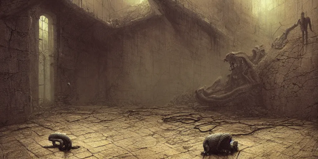 Prompt: a monster crawling out from the basement, Les Edwards, Zdzislaw Beksinski, Carl Gustav Carus, John Harris, Michal Karcz, Zhang Kechun, Mikko Lagerstedt, Scott Listfield, Steven Outram, Jessica Rossier