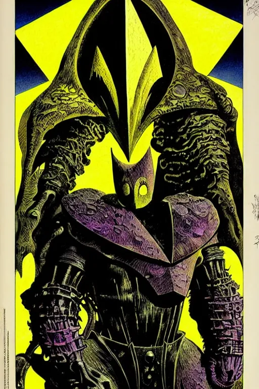 Image similar to portrait of black and yellow technicolor color print, richard corben, wayne barlowe, moebius, heavy metal comic cover art, psychedelic triangular lich in heavy shoulders armor, very intricate, thick outline, full body, symmetrical face, long black crown, in a shapes background, galactic dark colors