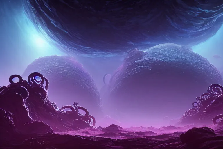 Image similar to A telescope image of an Eldritch Organic Planet of The Void made of eyeballs and tentacles, Purple and Blue colored, 4k, masterpiece, cinematic, glowing, by Greg Rutkowski, Trending on Artstation, Behance. Polished, Planetary, Volumetric Lighting