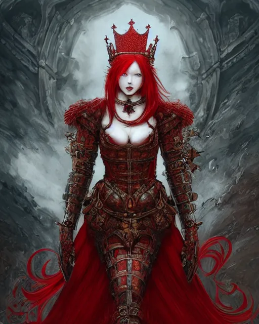 Image similar to redhead queen in heavy red armor, inside an epic gothic castle, baroque, large crown, face with scars, mad grin, intimidating, ominous, high fantasy, intricate detail, digital painting, artstation, concept art, smooth, sharp focus, illustration, art by yoshitaka amano and monia merlo and wlop