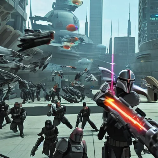 Prompt: coruscant being attacked by the mandalorian's.