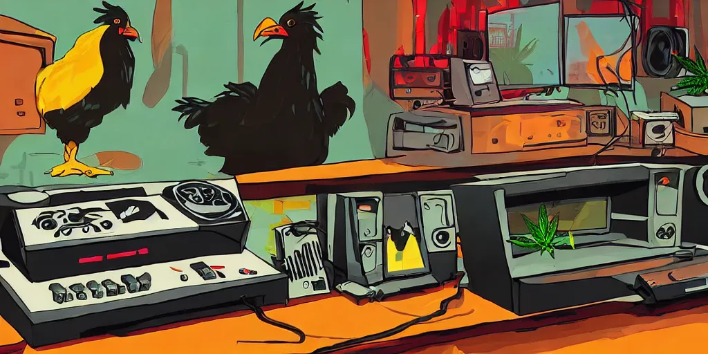 Image similar to 'black chicken'!!! smoking 'cannabis'!!!!!! in front of 'audio console'!!!! and 'multi monitors'!!!! 'in a hi-tech tv broadcasting studio'!!!!, artwork by James Gilleard