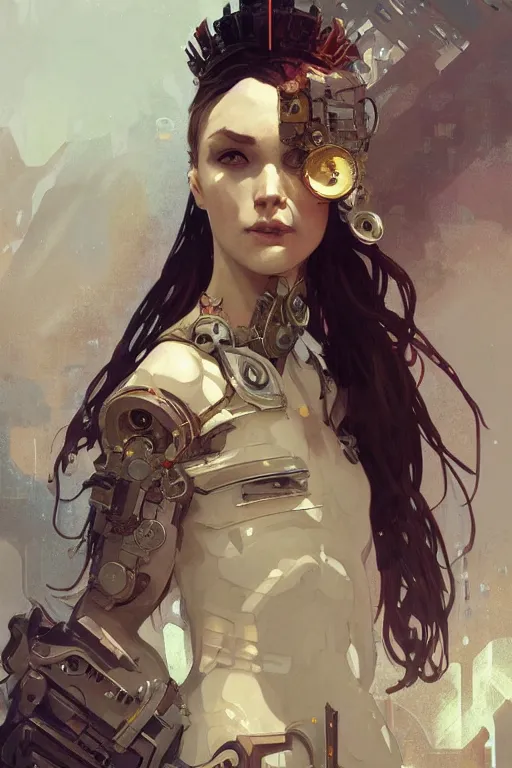 Prompt: A full portrait of a beautiful post apocalyptic offworld android queen, intricate, elegant, highly detailed, digital painting, artstation, concept art, smooth, sharp focus, illustration, art by Krenz Cushart and Artem Demura and alphonse mucha