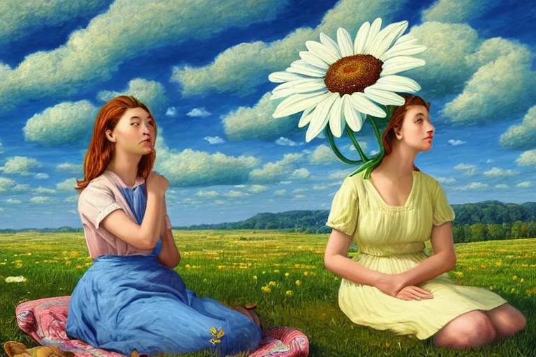 Image similar to giant daisy flower head, woman sitting, surreal, clouds in sky, impressionist painting, digital painting, artstation, rob gonsalves