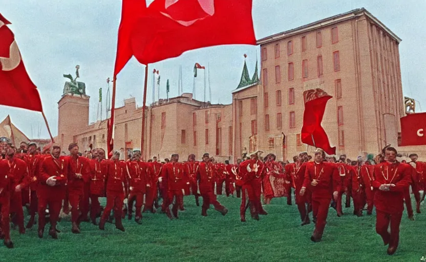 Prompt: 60s movie still of the great soviet's ceremony with CCCP flags and a large bronze statue of Karl Marx stanilist style palace backround, by Irving Penn , cinestill 800t 35mm eastmancolor, heavy grainy picture, very detailed, high quality, 4k, HD criterion, precise texture
