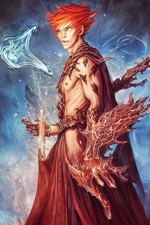 Image similar to young male redhead Spellcaster standing, a spell glowing between his hands, with glowing runes tattoos on him, D&D dark fantasy style, sharp focus, ultra detailed, art by Artgerm and Peter Andrew Jones, Karol Bak, Ayami Kojima, Amano and Olivier Ledroit