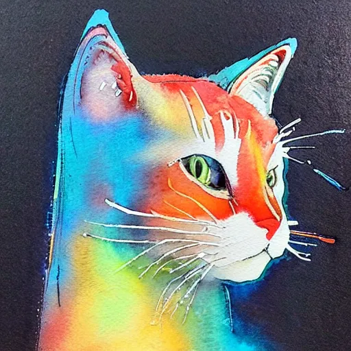 Prompt: Cat. Watercolor, sprayed through stencils and brushed, on paper mounted on board inscribed by the artist.