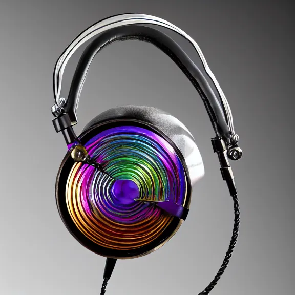 Image similar to masterpiece photo of beautiful crafted artistic bismuth metal headphones, bismuth rainbow metal, bismuth cups, leather padding, displayed on mahogany desk, modernist headphones, bismuth headphones beautiful well designed, hyperrealistic, audiophile, intricate hyper detail, extreme high quality, photographic, audeze, sennheiser, hifiman, artstation, abyssal audio