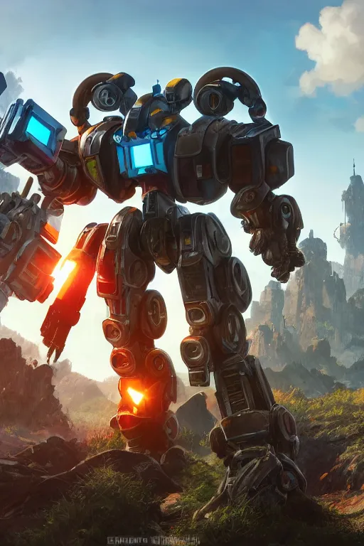 Image similar to mechwarrior 5 : mercenaries mech megaman transformer robot boss tank engine game octane render, 4 k, hd 2 0 2 2 3 d cgi rtx hdr style chrome reflexion glow fanart, global illumination ray tracing hdr fanart arstation by ian pesty by jesper ejsing pixar and disney unreal zbrush central hardmesh