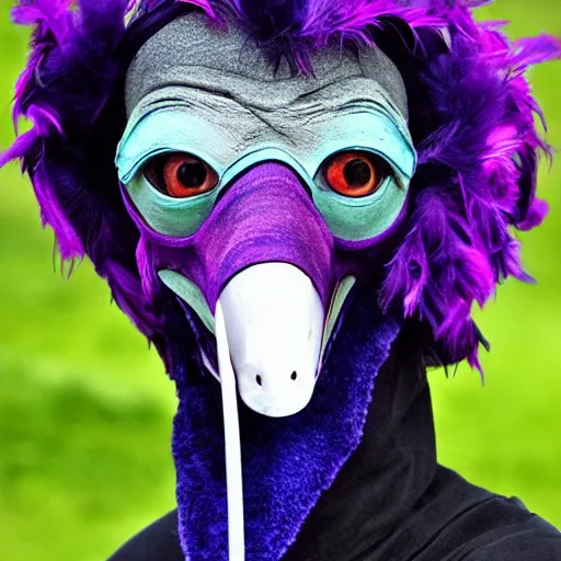 Prompt: A 4 legged tall alien creature with a hump covered in blue and magenta feathers, a long boney neck and face representing a plague doctor mask, high quality, hyper realistic