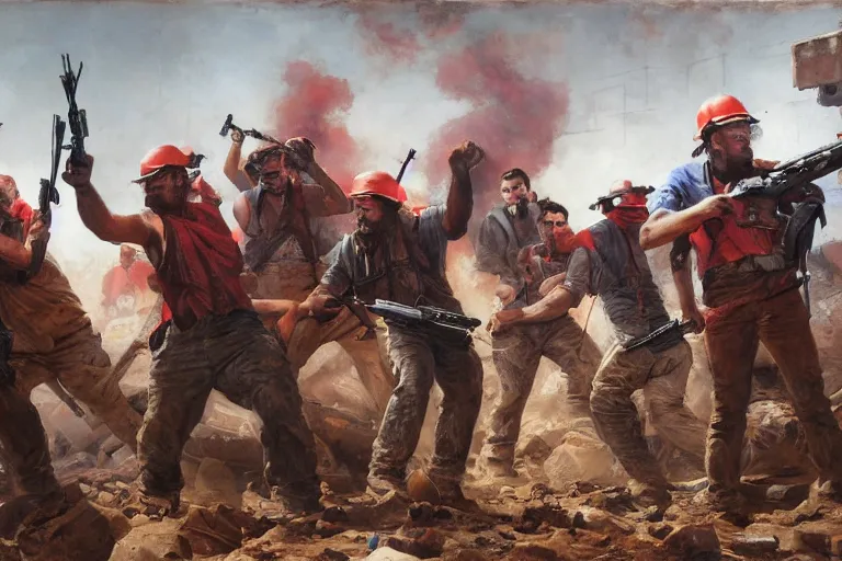 Prompt: intense dramatic still of a ragtag group of miners and factory workers with improvised weapons and firearms and red bandanas around their necks, on the surface of an asteroid, outside of a high tech scifi industrial building, oil painting by charles frederic ulrich, pablo olivera, normal rockwell, greg rutkowski, trending on artstation, incredible detail