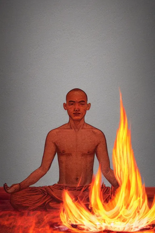 Image similar to A single monk meditating in flames by Afshar Petros, Trending on artstation.