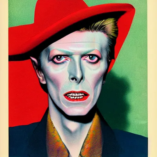 Image similar to “David Bowie portrait, color vintage magazine illustration 1950”