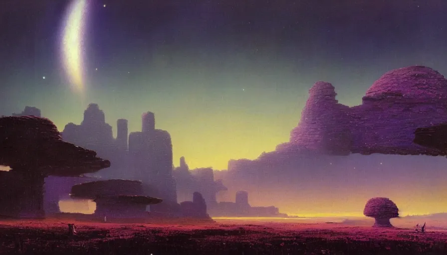 Prompt: ruins of an empire on a purple alien landscape, night sky, by Bruce Pennington