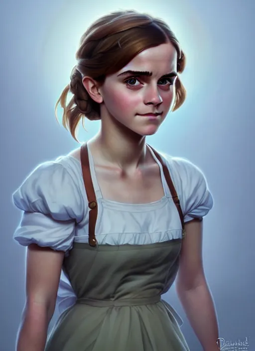 Image similar to cute milkmaid emma watson, natural lighting, path traced, highly detailed, high quality, digital painting, by don bluth and ross tran and studio ghibli and alphonse mucha, artgerm