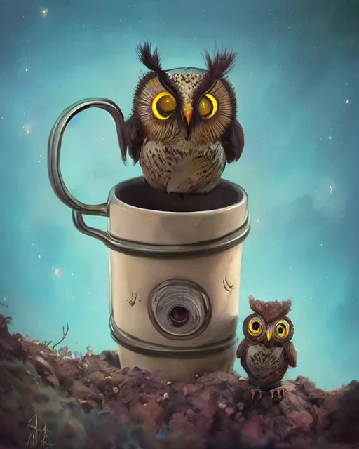 Image similar to long shot of a very cute owl chick nesting in a futuristic mug, esao andrews, humorous illustration, hyperrealistic, big depth of field, warm colors, whimsical cosmic night scenery, low light, 3 d octane render, 4 k, concept art, hyperdetailed, hyperrealistic, trending on artstation