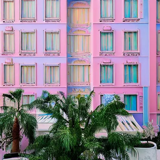 Prompt: a ultra high definition pastel coloured photographic print from a holiday photo album. the photo is a medium frame, 5 0 mm depicting the interior of an expensive alien hotel balcony, furniture and view. the interior was designed by wes anderson ’ s opposite. iridescent transparent glass, pastel pink concrete, foam. 8 k. architectural. interior. no artefacts. highly detailed.