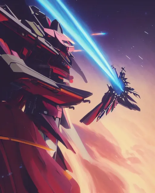 Image similar to highly detailed vfx portrait of an demonic gundam with wings of feathers beam saber fighting in space with a beam gun, unreal engine, greg rutkowski, loish, rhads, beeple, makoto shinkai and lois van baarle, ilya kuvshinov, rossdraws, tom bagshaw, alphonse mucha, global illumination, detailed and intricate environment