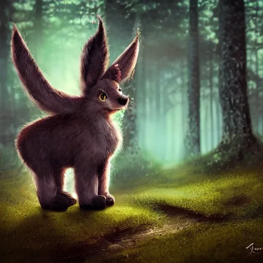 Image similar to a cute furry creature with long ears standing in a forest, michael kutsche, cinematic lighting