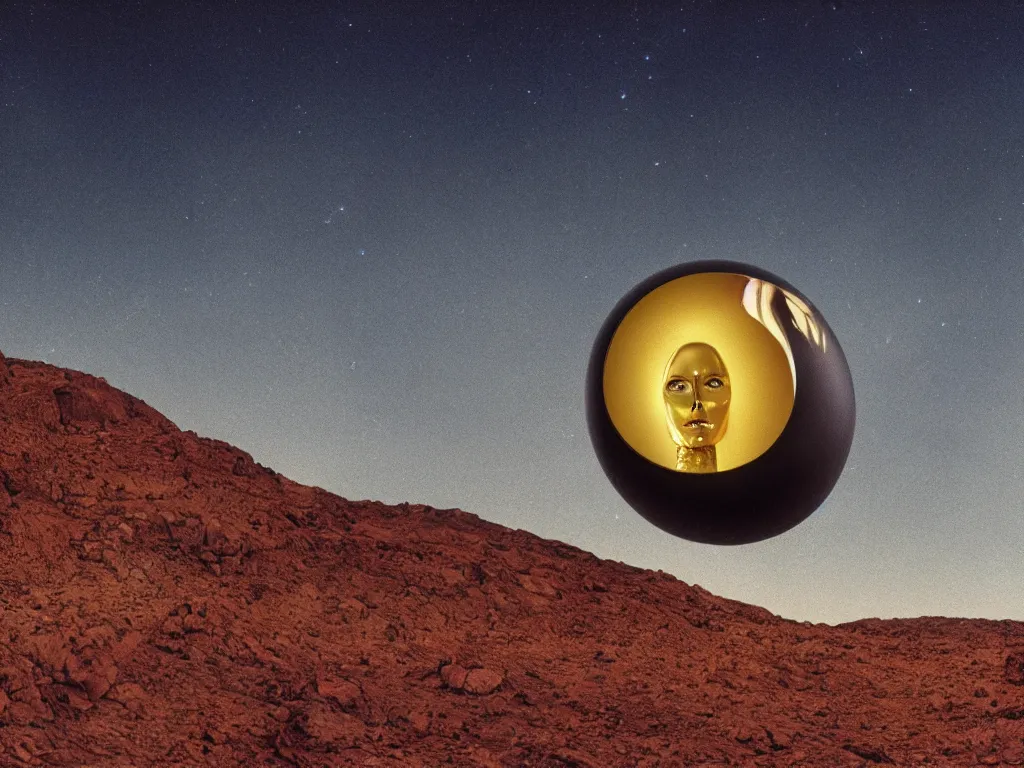 Image similar to glowing bene gesserit in full - face golden glowing mask in a black rocky desert landscape with a black sphere in the sky by christopher doyle and alejandro jodorowsky, anamorphic lens, kodakchrome, cinematic composition, very detailed photo, 8 k,