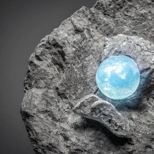 Prompt: light refraction from a mineral rock, in a dark studio room. magical and fantasy material, orb, polished. Some burning smoke coming out of it. Mineral auctions, mineral collections, rare mineral. rare raw metal.